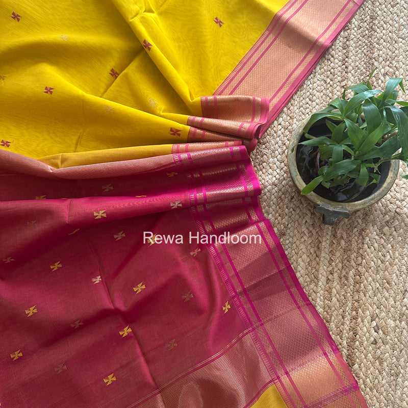 Maheshwari Turmeric Yellow Swastika Butti Saree SW064