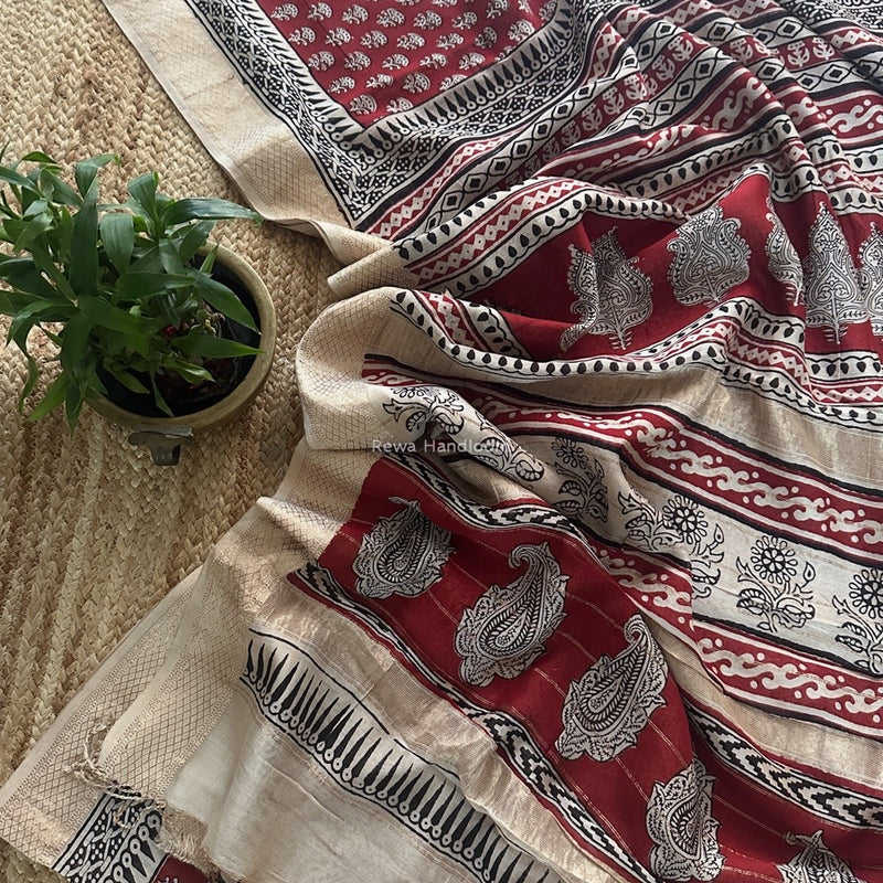 Maheshwari Maroon Bagh Print Small Border Saree MTBS101