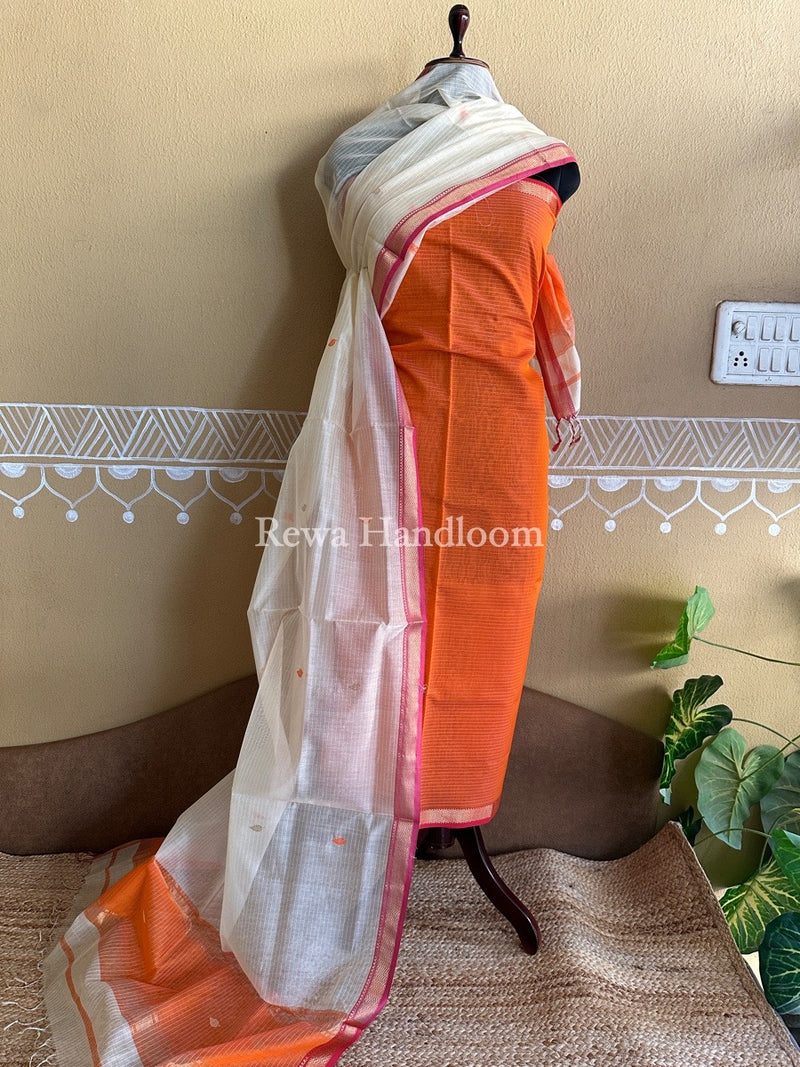 Maheshwari Orange-Cream White Motifs Top-Dupatta Set PST0105