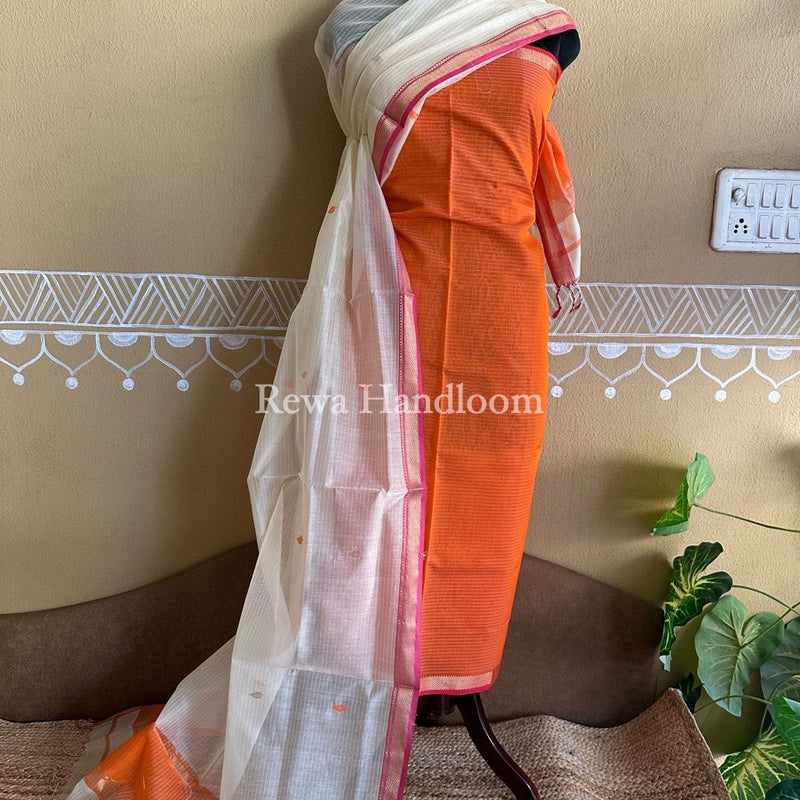 Maheshwari Orange-Cream White Motifs Top-Dupatta Set PST0105