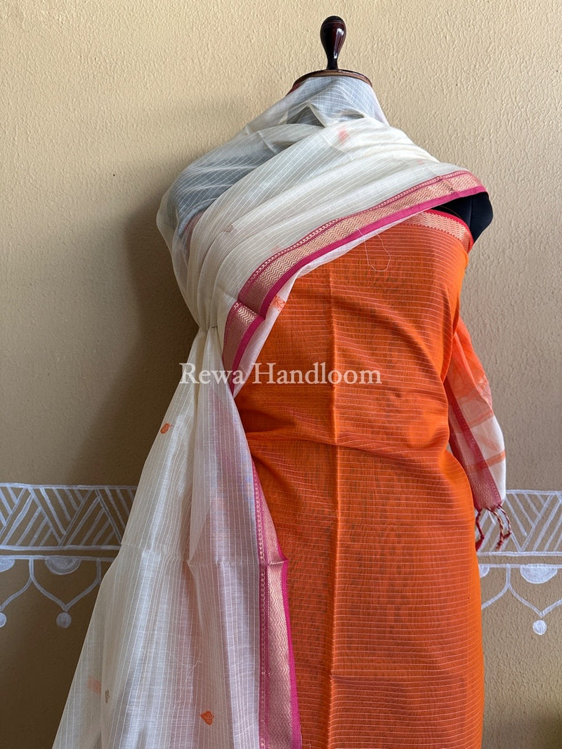 Maheshwari Orange-Cream White Motifs Top-Dupatta Set PST0105