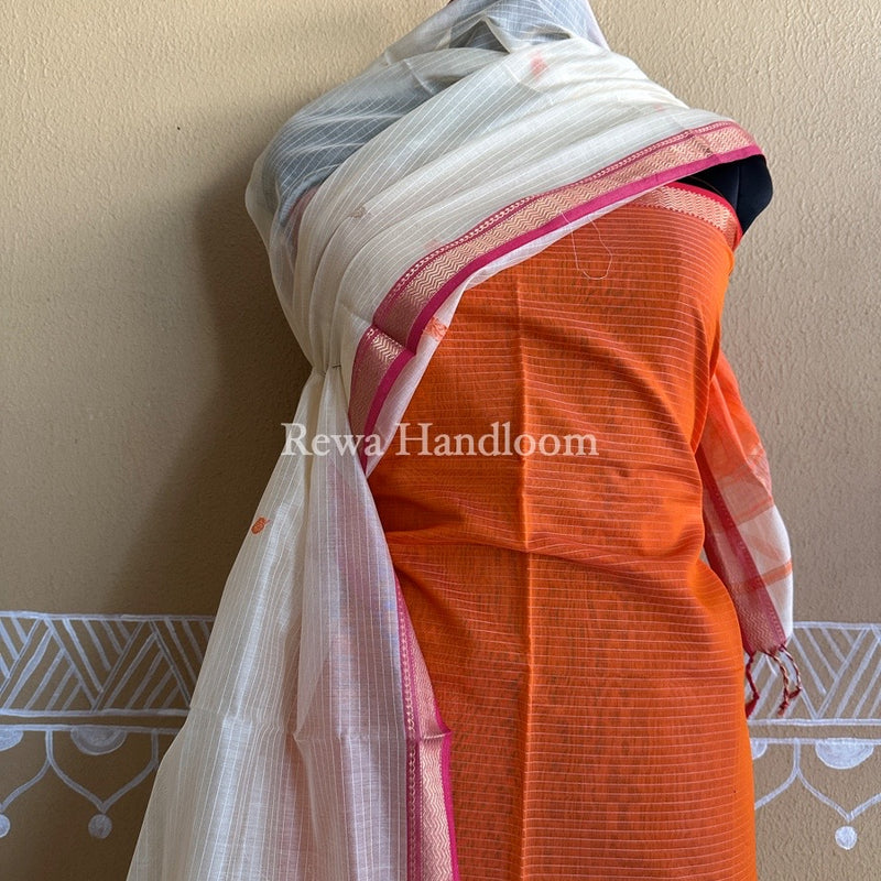 Maheshwari Orange-Cream White Motifs Top-Dupatta Set PST0105