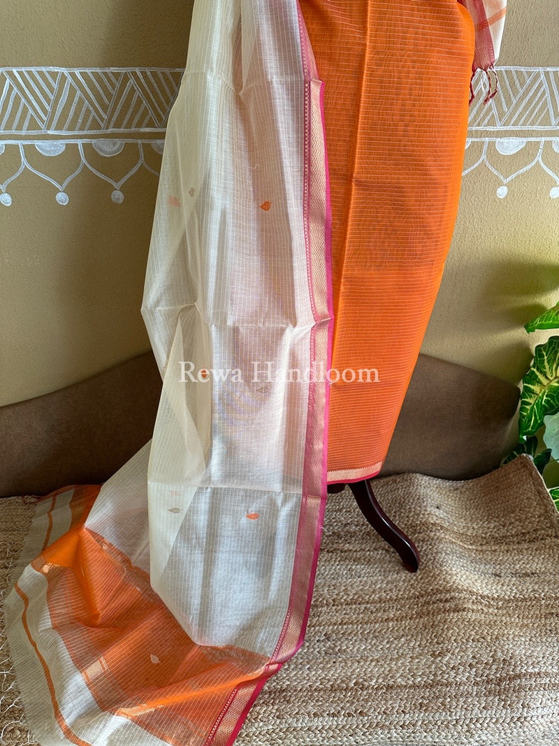 Maheshwari Orange-Cream White Motifs Top-Dupatta Set PST0105
