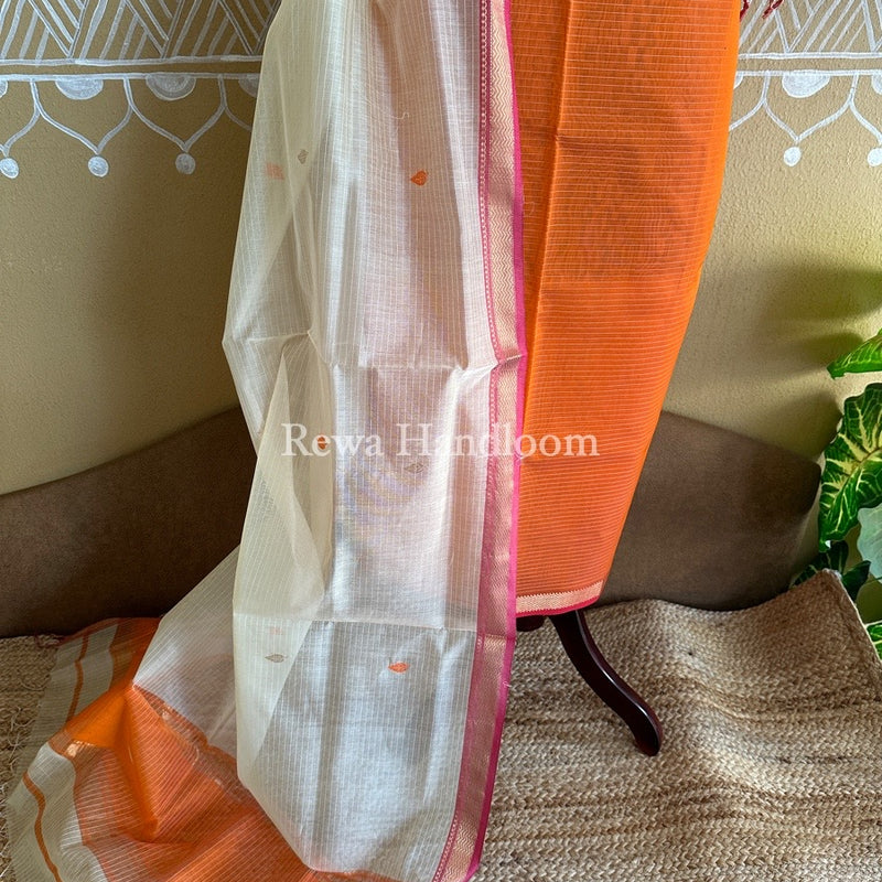 Maheshwari Orange-Cream White Motifs Top-Dupatta Set PST0105