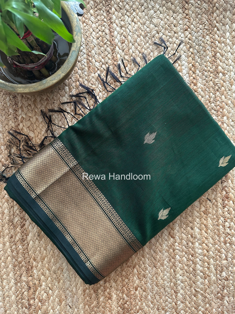 Green Butta Pallu Zari Border Saree Maheshwari Saree BTPS080