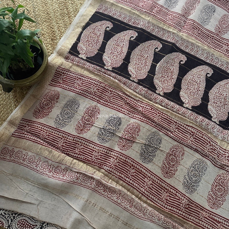 Maheshwari Beige Bagh Print Small Border Saree MTBS105