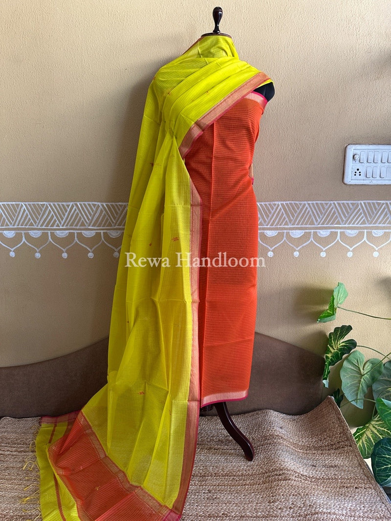Maheshwari Rust Orange-Yellow Motifs Top-Dupatta Set PST0107