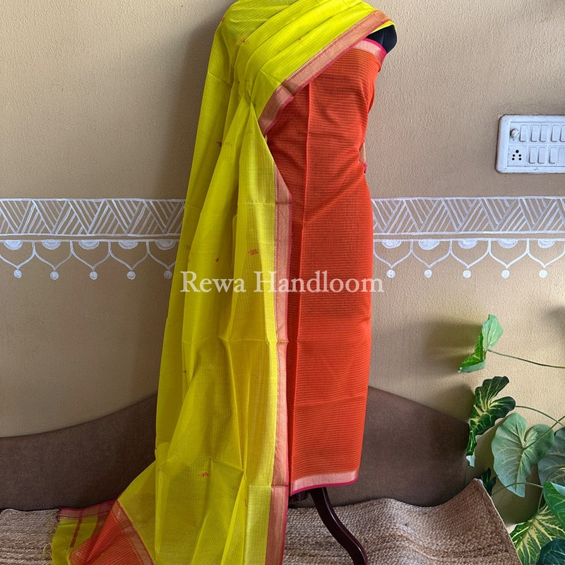 Maheshwari Rust Orange-Yellow Motifs Top-Dupatta Set PST0107
