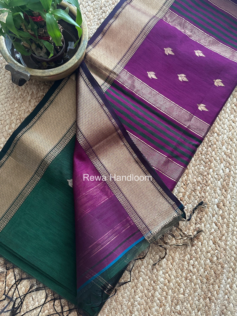 Green Butta Pallu Zari Border Saree Maheshwari Saree BTPS080