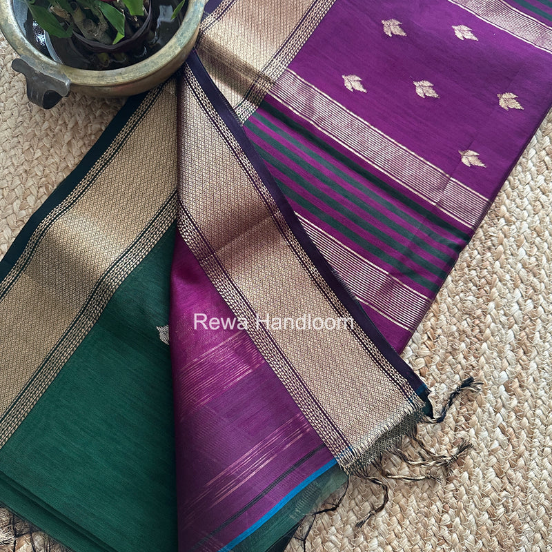 Green Butta Pallu Zari Border Saree Maheshwari Saree BTPS080