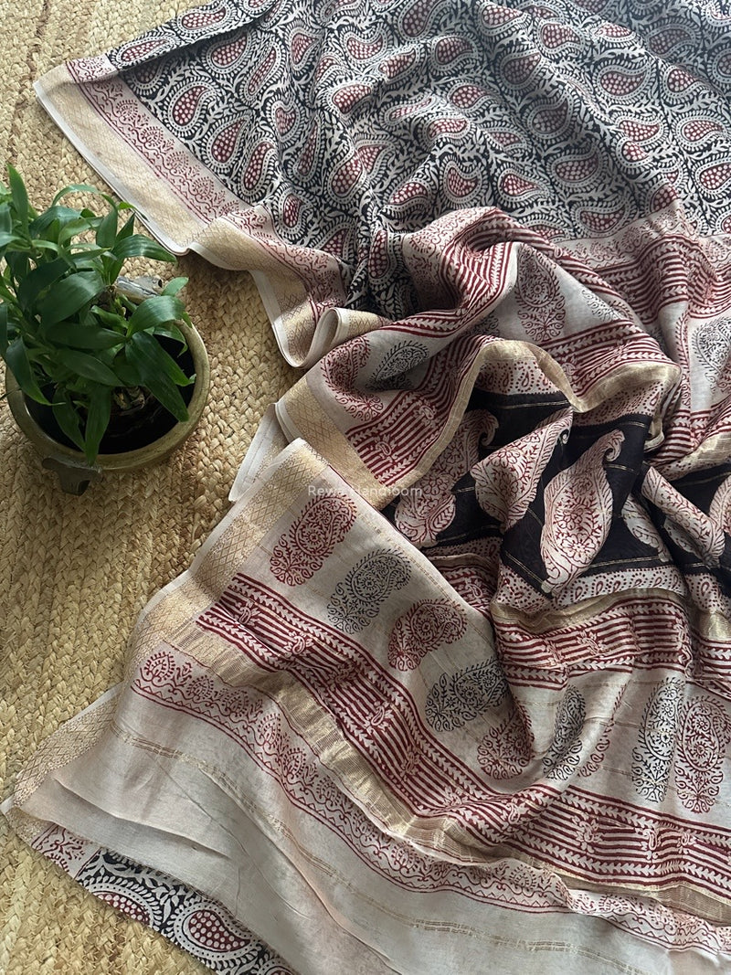 Maheshwari Beige Bagh Print Small Border Saree MTBS105