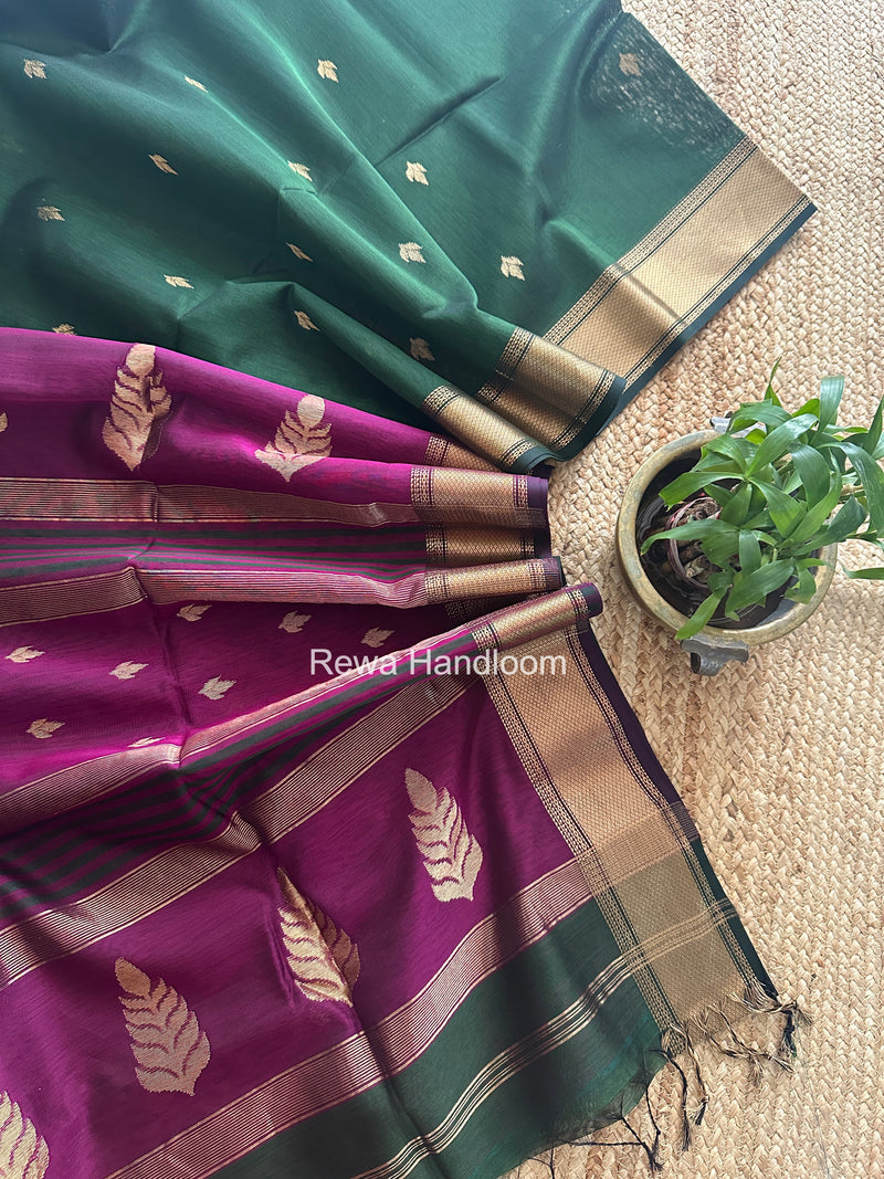 Green Butta Pallu Zari Border Saree Maheshwari Saree BTPS080