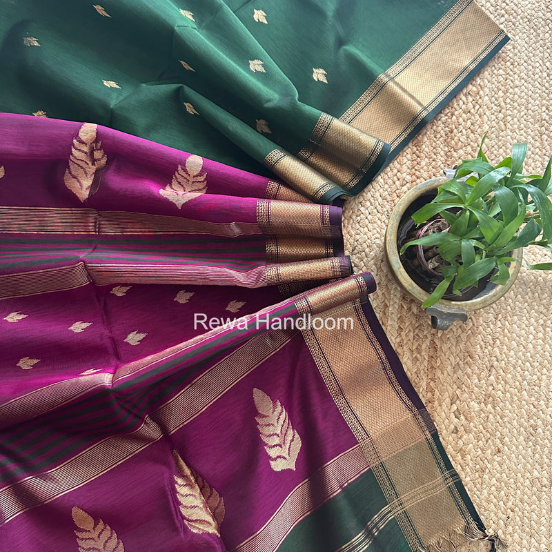 Green Butta Pallu Zari Border Saree Maheshwari Saree BTPS080