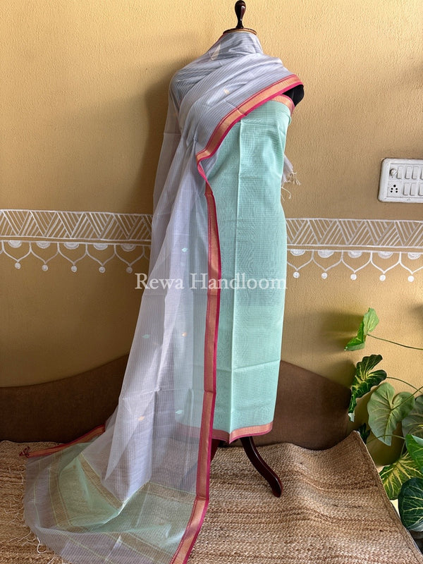 Maheshwari Light Green-Grey Motifs Top-Dupatta Set PST0110