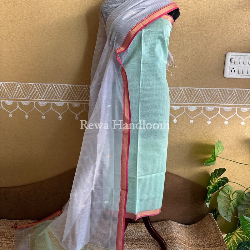 Maheshwari Light Green-Grey Motifs Top-Dupatta Set PST0110