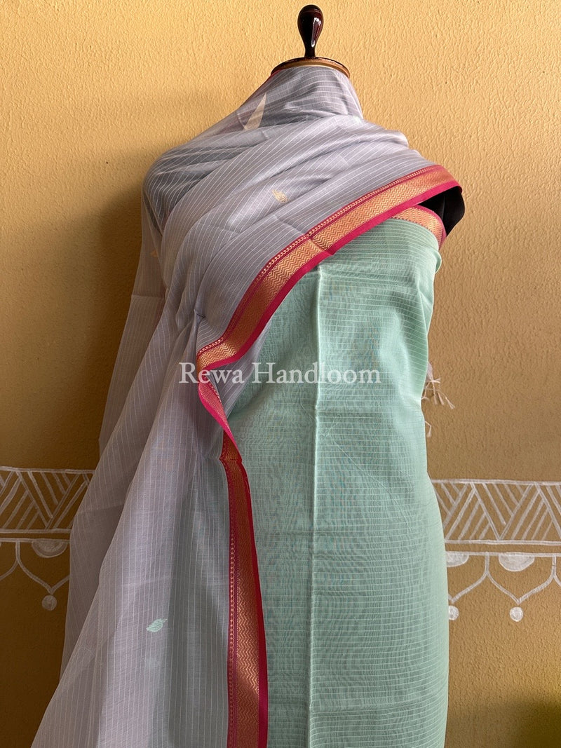 Maheshwari Light Green-Grey Motifs Top-Dupatta Set PST0110