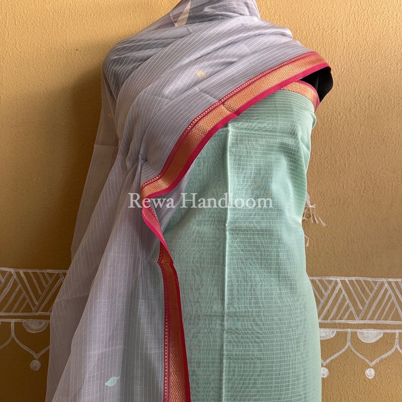 Maheshwari Light Green-Grey Motifs Top-Dupatta Set PST0110