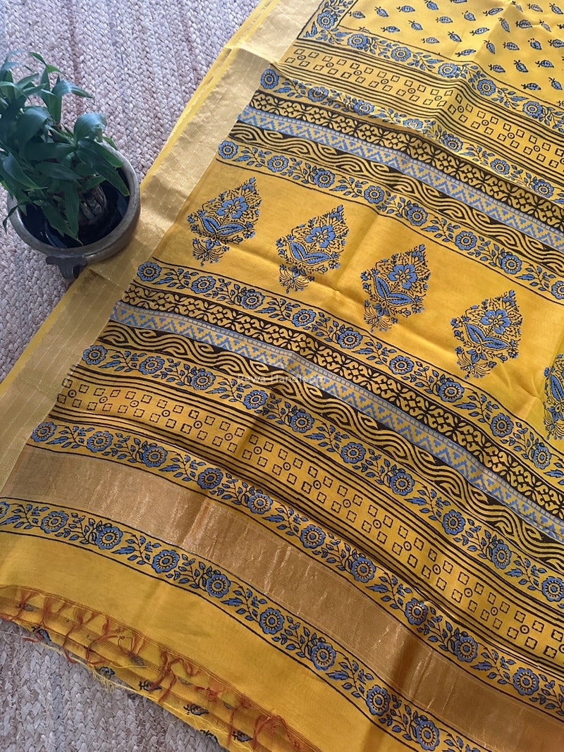 Maheshwari Yellow Bagh Print Small Border Saree MTBS104