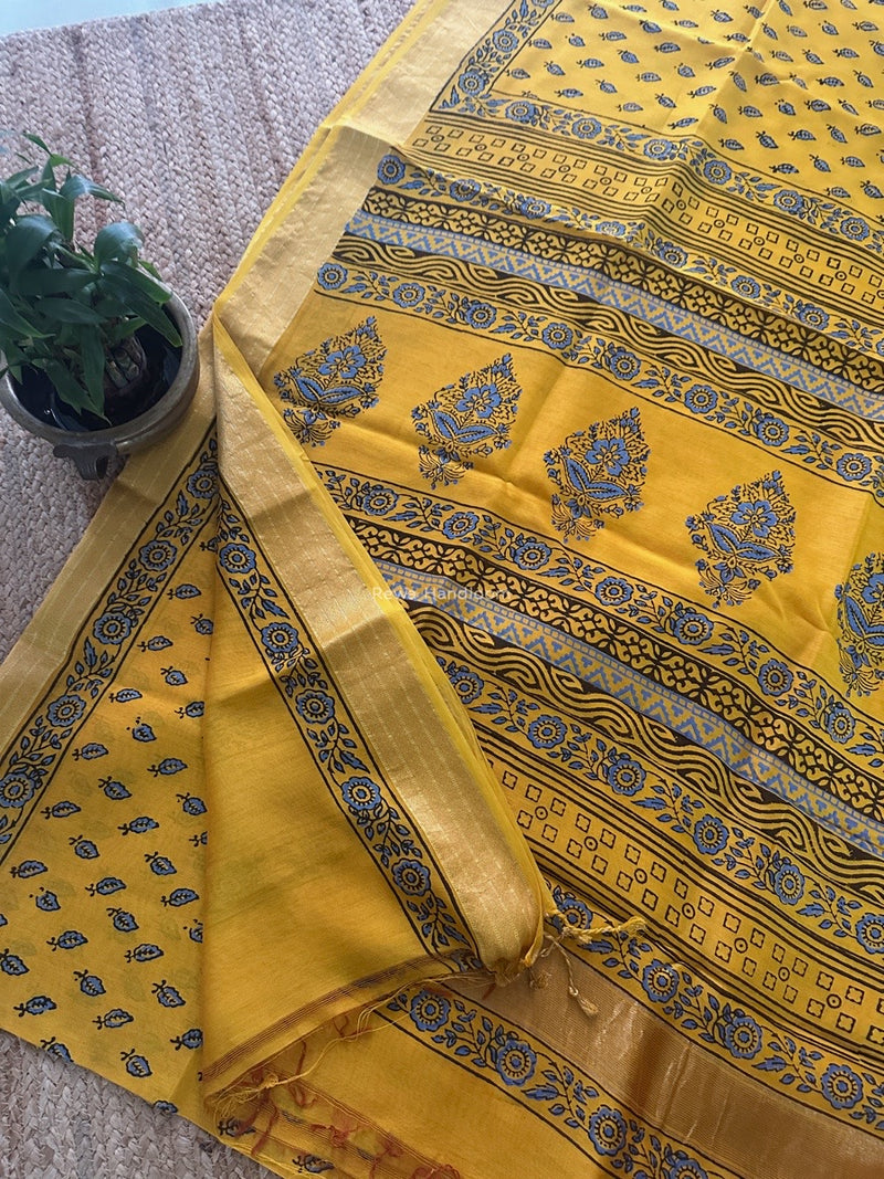 Maheshwari Yellow Bagh Print Small Border Saree MTBS104