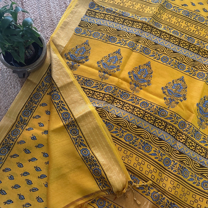 Maheshwari Yellow Bagh Print Small Border Saree MTBS104