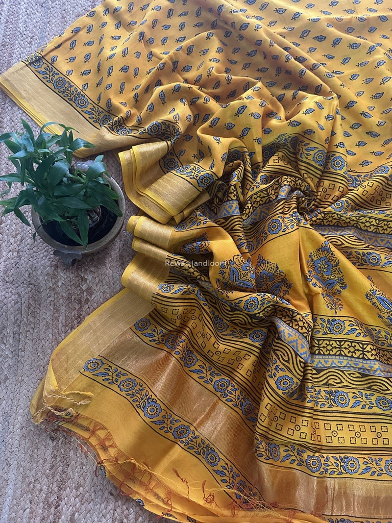 Maheshwari Yellow Bagh Print Small Border Saree MTBS104