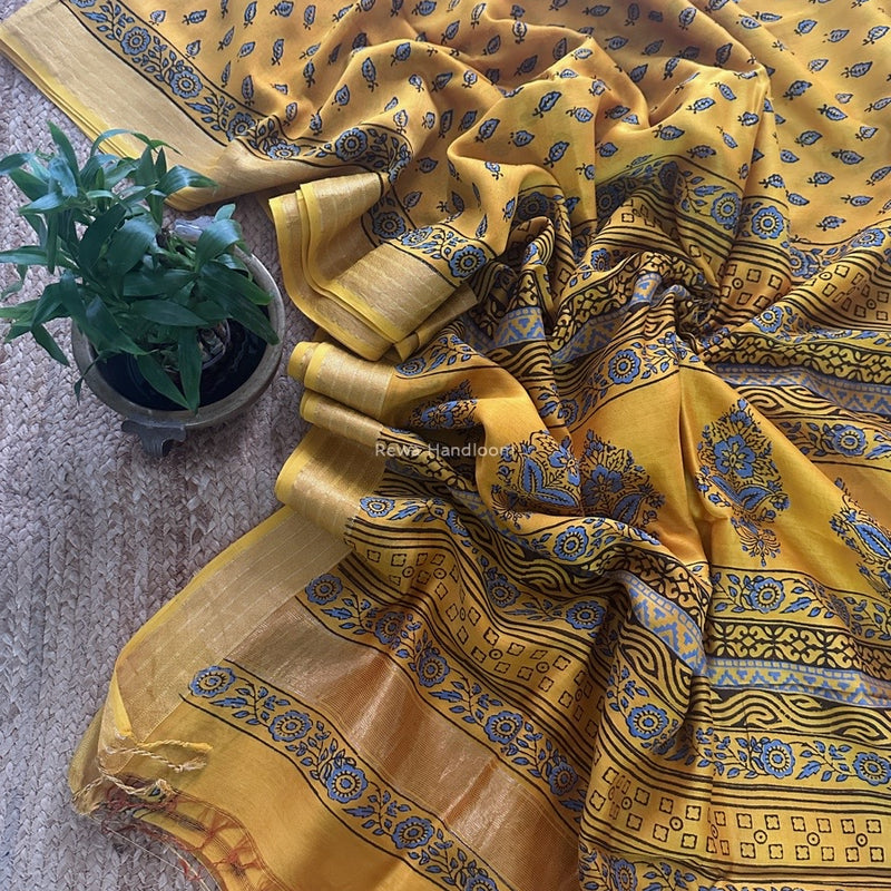 Maheshwari Yellow Bagh Print Small Border Saree MTBS104