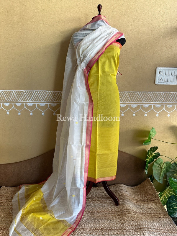 Maheshwari Yellow-White Motifs Top-Dupatta Set PST0111