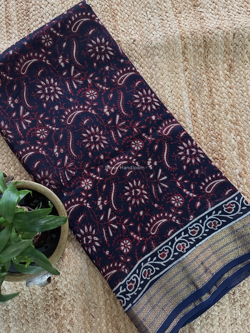 Maheshwari Navy Blue Bagh Print Small Border Saree MTBS123