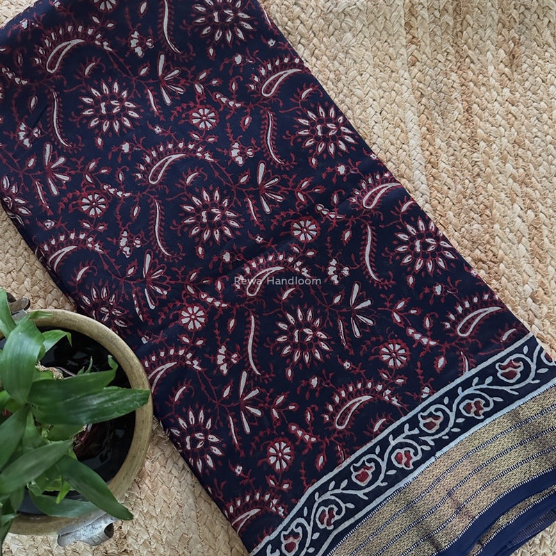 Maheshwari Navy Blue Bagh Print Small Border Saree MTBS123