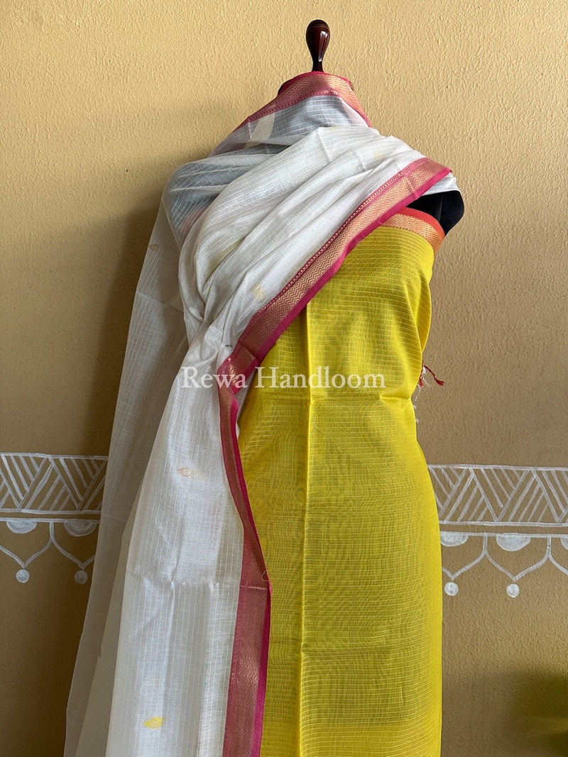 Maheshwari Yellow-White Motifs Top-Dupatta Set PST0111