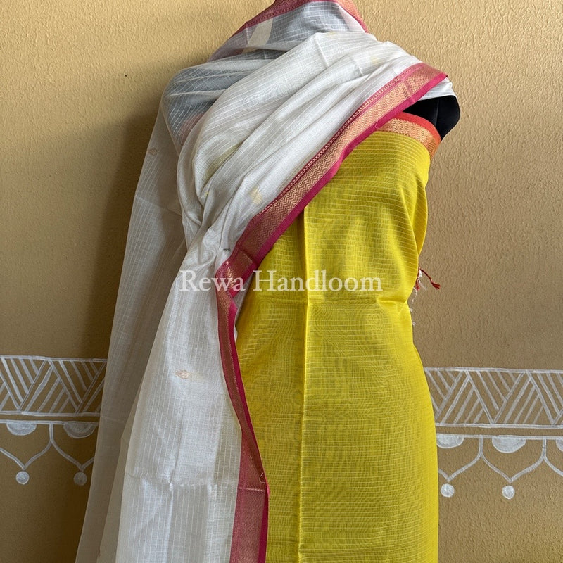 Maheshwari Yellow-White Motifs Top-Dupatta Set PST0111