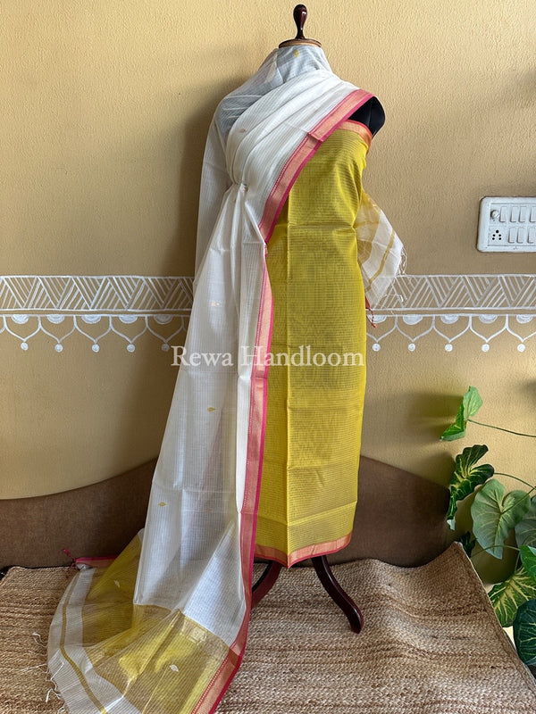 Maheshwari Mustard Yellow-White Motifs Top-Dupatta Set PST0113