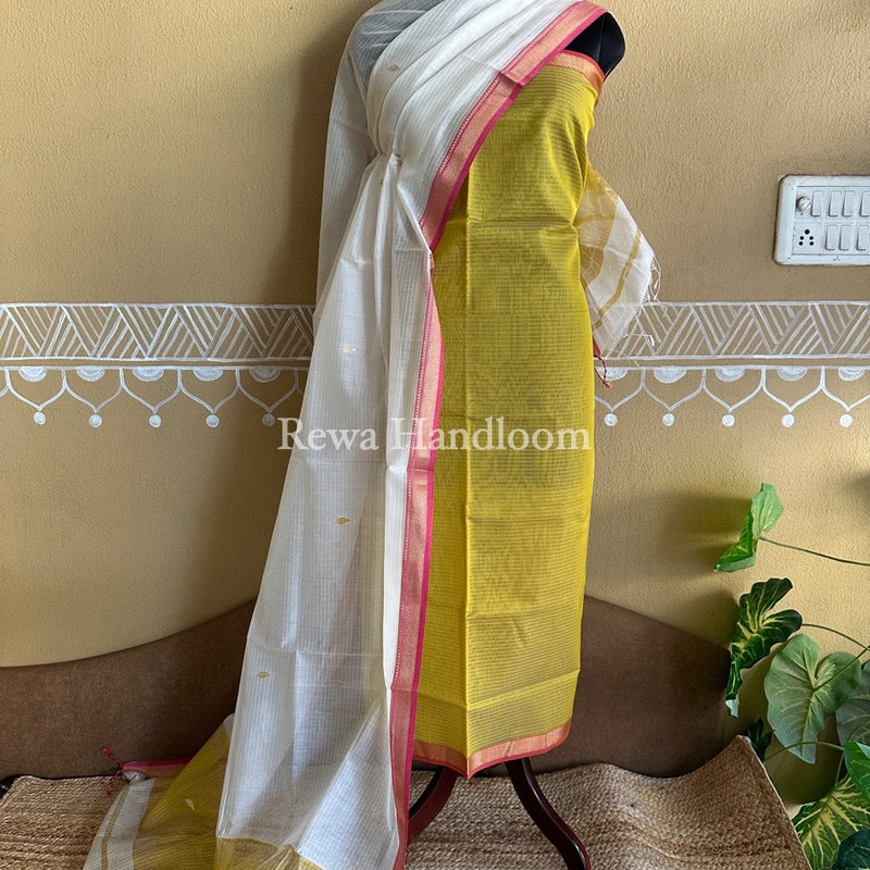 Maheshwari Mustard Yellow-White Motifs Top-Dupatta Set PST0113