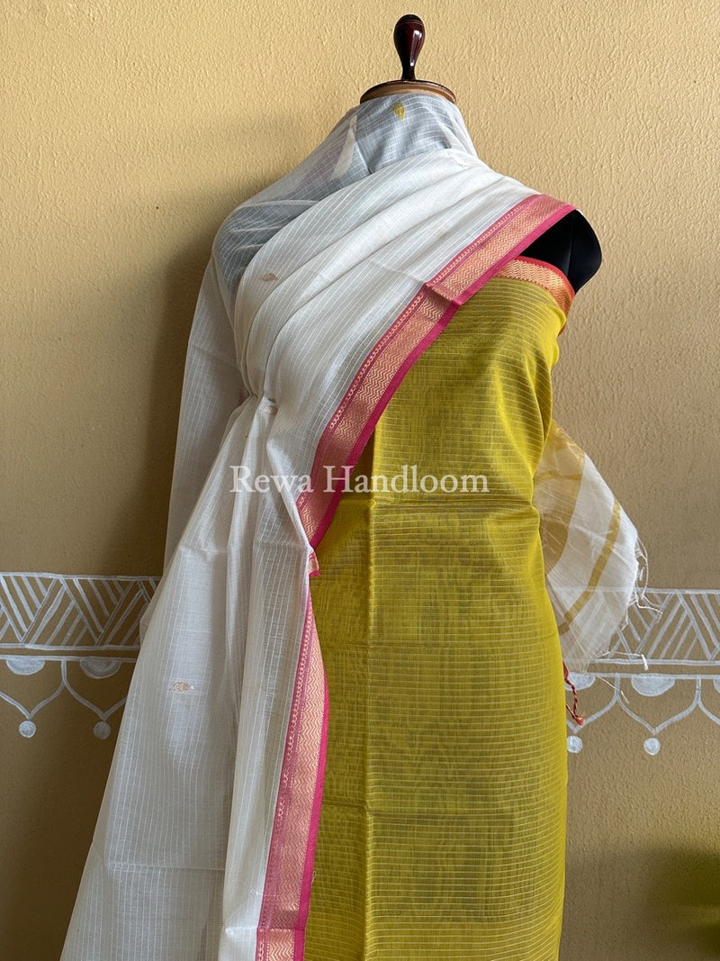 Maheshwari Mustard Yellow-White Motifs Top-Dupatta Set PST0113