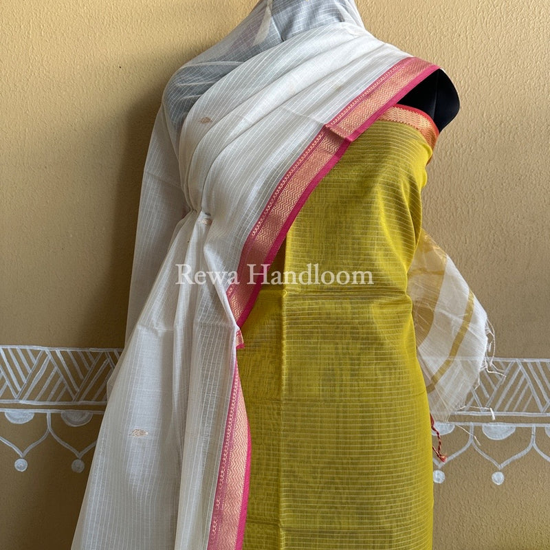 Maheshwari Mustard Yellow-White Motifs Top-Dupatta Set PST0113