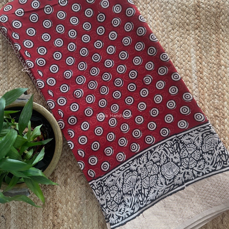 Maheshwari Red Bagh Print Small Border Saree MTBS103