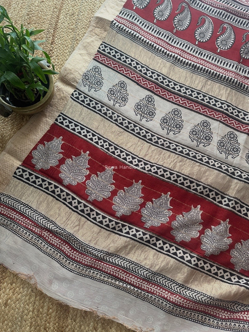 Maheshwari Red Bagh Print Small Border Saree MTBS103