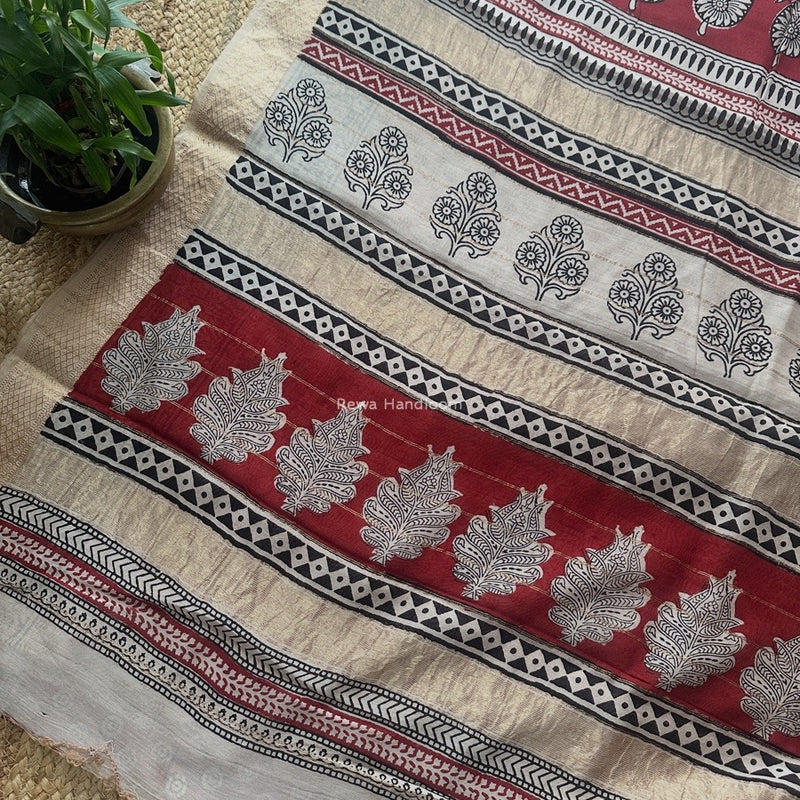 Maheshwari Red Bagh Print Small Border Saree MTBS103