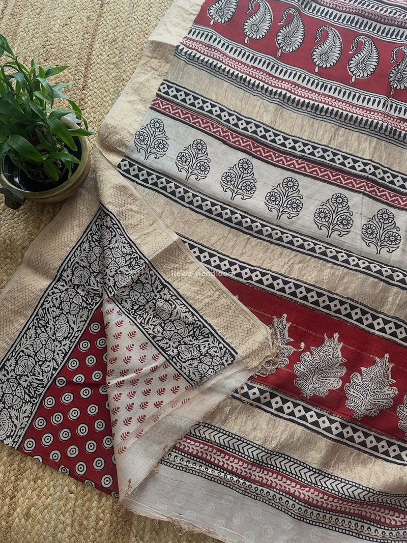 Maheshwari Red Bagh Print Small Border Saree MTBS103