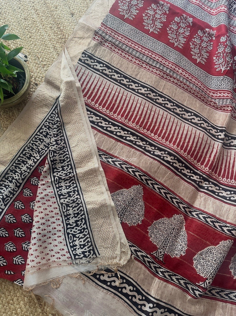 Maheshwari Red Bagh Print Small Border Saree MTBS124