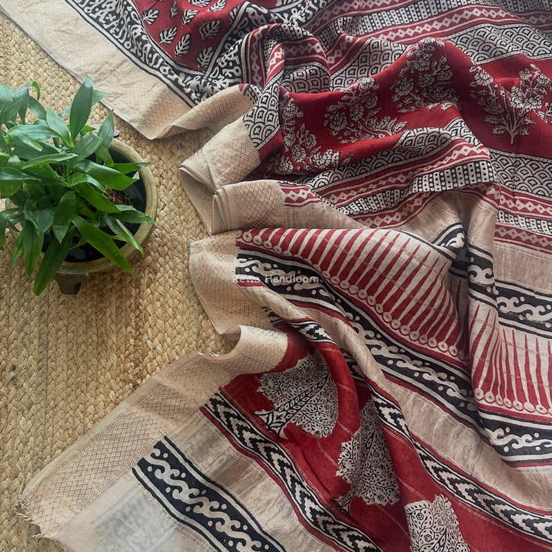 Maheshwari Red Bagh Print Small Border Saree MTBS124