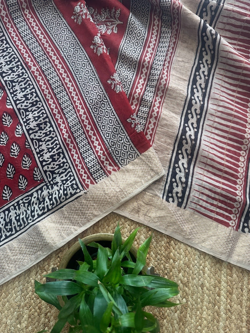 Maheshwari Red Bagh Print Small Border Saree MTBS124