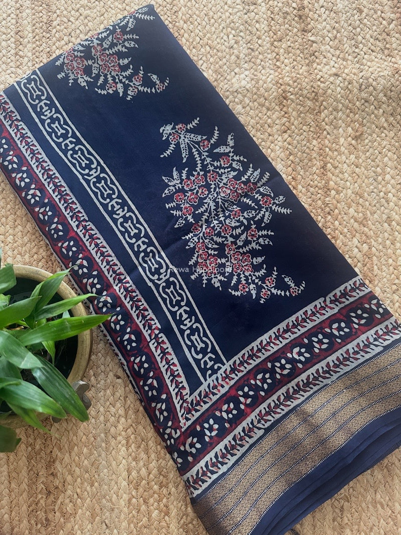 Maheshwari Navy Blue Bagh Print Small Border Saree MTBS127