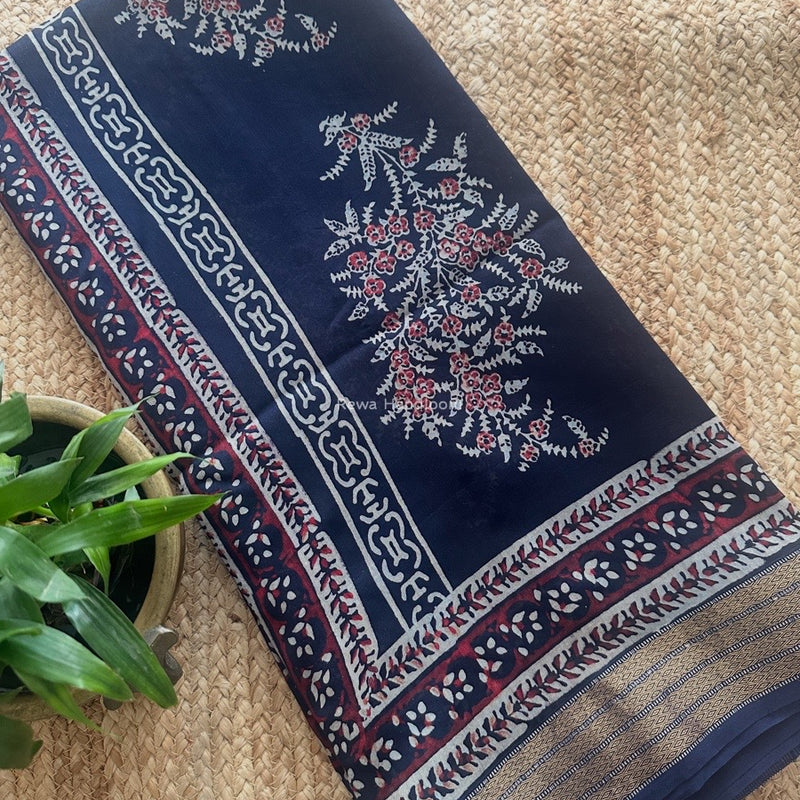 Maheshwari Navy Blue Bagh Print Small Border Saree MTBS127