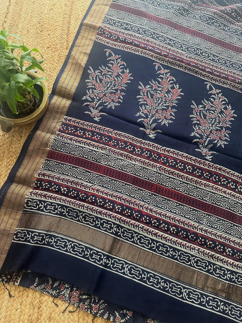 Maheshwari Navy Blue Bagh Print Small Border Saree MTBS127