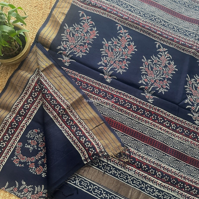 Maheshwari Navy Blue Bagh Print Small Border Saree MTBS127