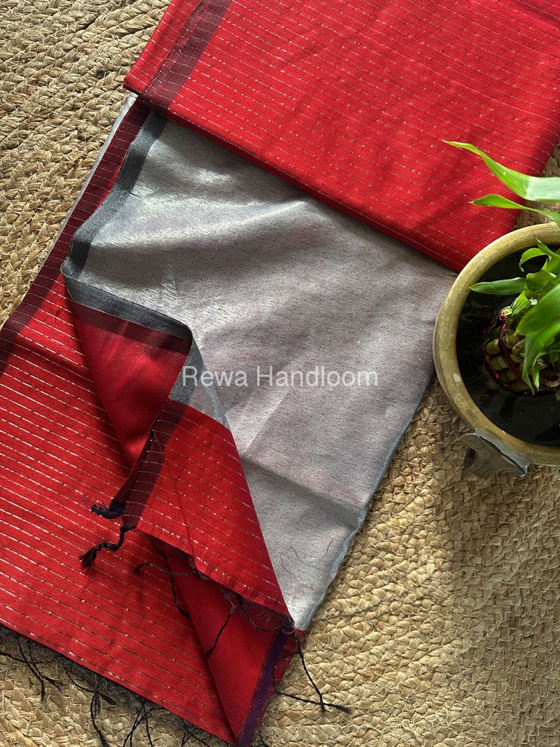 Maheshwari Red Silver Tissue Lining Saree TSLS03