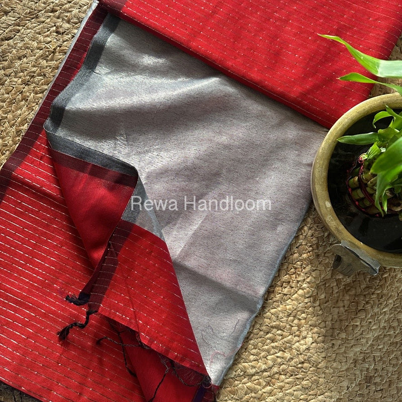 Maheshwari Red Silver Tissue Lining Saree TSLS03