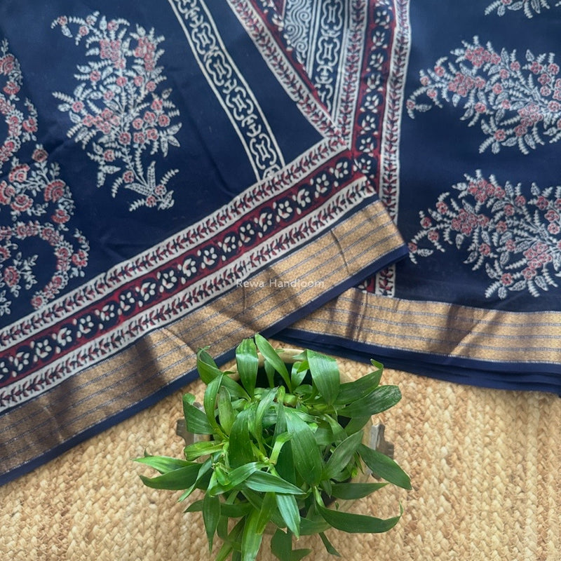 Maheshwari Navy Blue Bagh Print Small Border Saree MTBS127