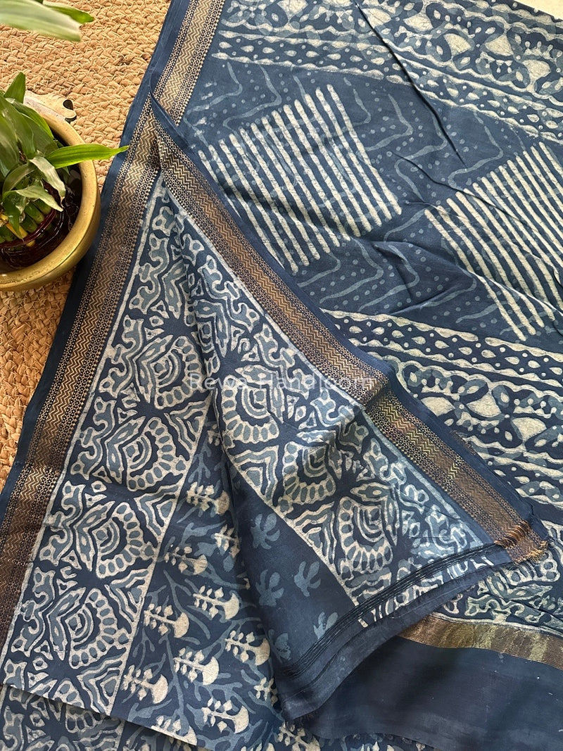 Blue Indigo Cotton Print Saree MIND01